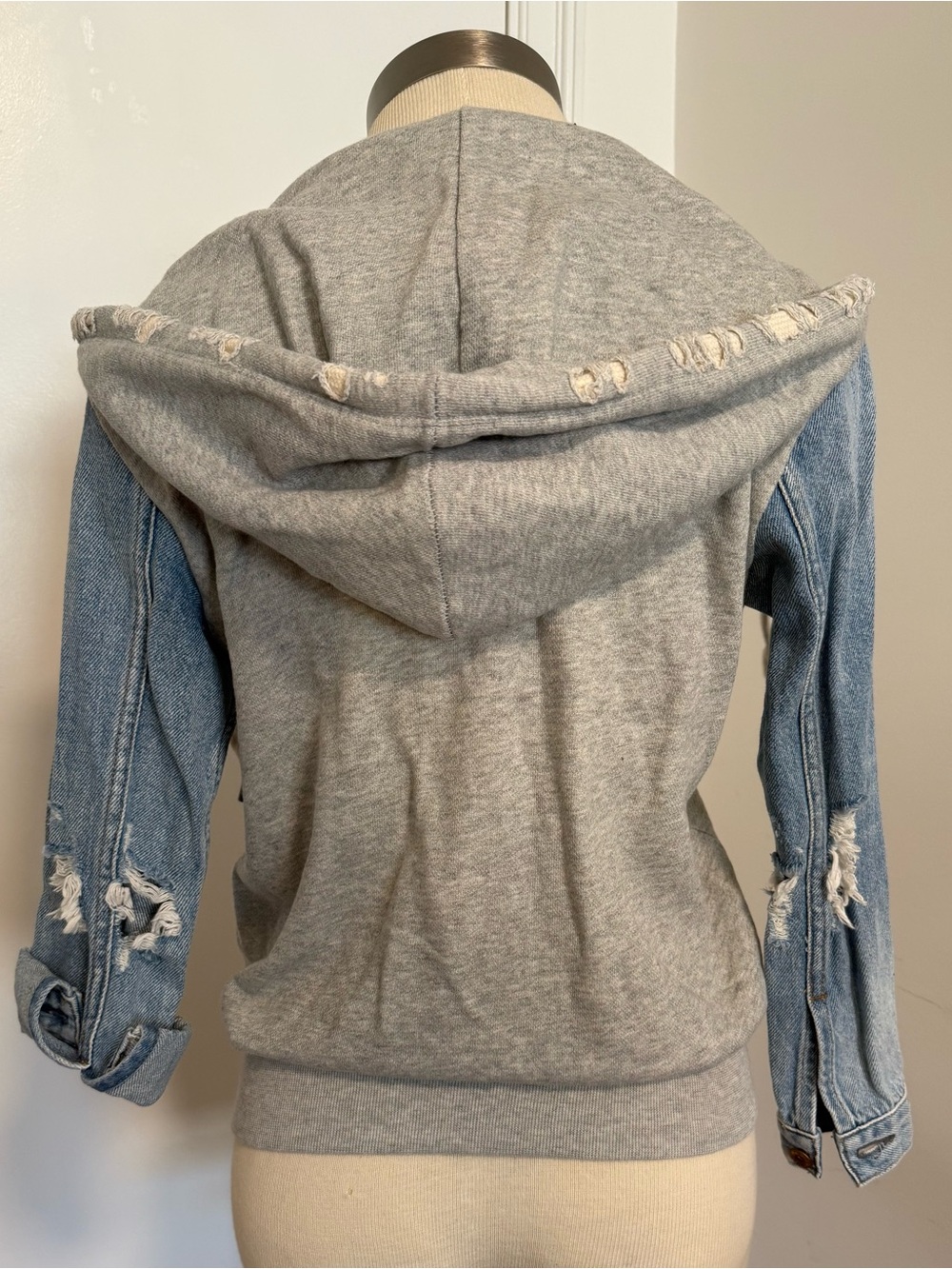 NSF Gray Distressed Sweatshirt and Denim Sleeves with Zip Front Hoodie -Size P - Picture 2 of 6